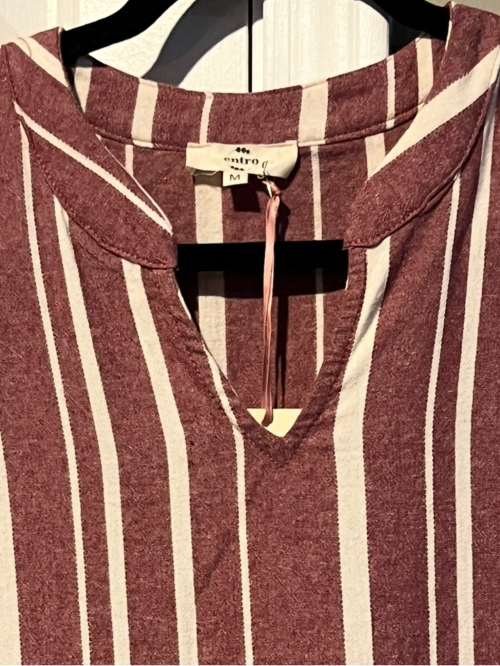 NWT entro Burgundy and Cream Stripe Maxi Capri Dress Roll Sleeves 100% Cotton S - Picture 3 of 15